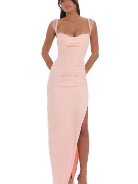 Suede Draped Lace Maxi Dress in Pink